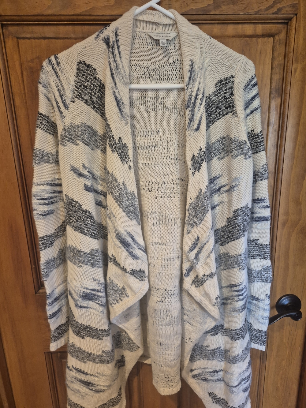 Lucky Brand Cream and Gray Open-Front Draped Cardigan